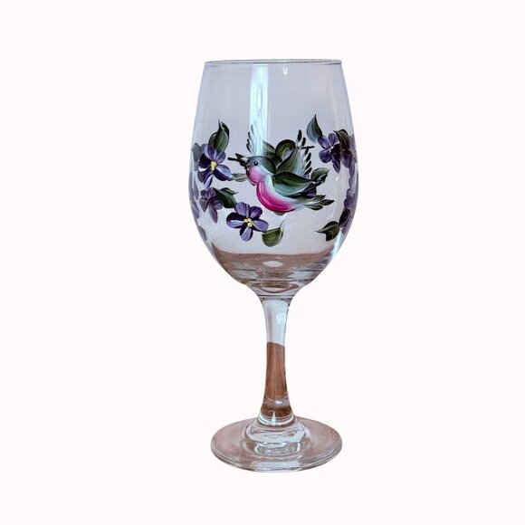 Hand Painted Hummingbird Wine Glass Artistic Purple Violets Stemware Bird Gift - Picture 5 of 14